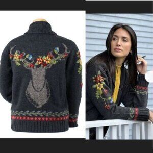 EUC $239 Lost Horizons Hartley Sweater Size XL Nepal 100% Wool Gray Deer Floral
